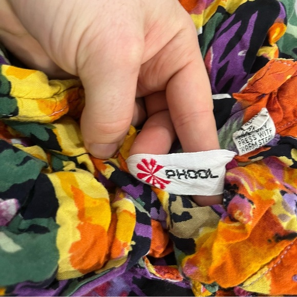 Vintage Phool Viscose Boho Parrot Floral Print Yellow Purple Orange Pockets L - Picture 6 of 8